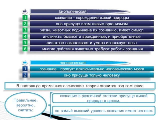 биологическая: сознание - порождение живой природы человеческая: сознание - продукт