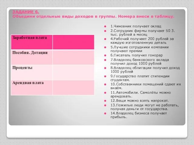 ЗАДАНИЕ 6. Объедини отдельные виды доходов в группы. Номера внеси