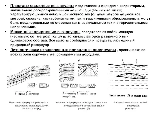 Пластово-сводовые резервуары представлены породами-коллекторами, значительно распространенными по площади (сотни тыс.