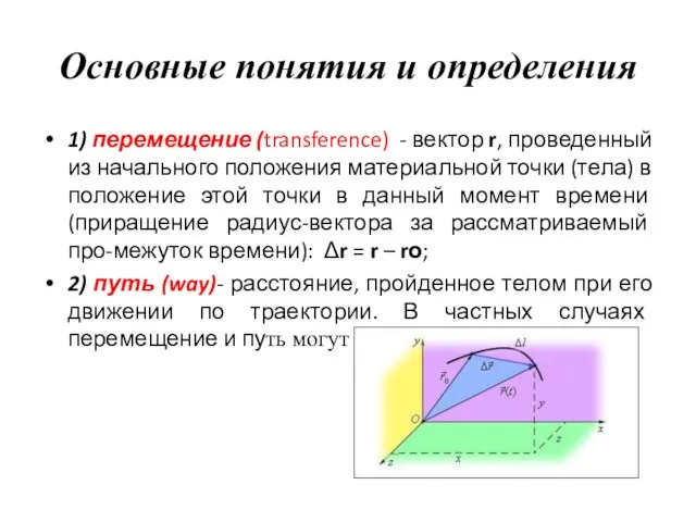 Основные понятия и определения 1) перемещение (transference) - вектор r,