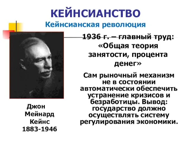 КЕЙНСИАНСТВО Кейнсианская революция Джон Мейнард Кейнс 1883-1946 1936 г. –