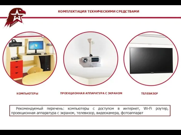 КОМПЛЕКТАЦИЯ ТЕХНИЧЕСКИМИ СРЕДСТВАМИ ТЕЛЕВИЗОР ПРОЕКЦИОННАЯ АППАРАТУРА С ЭКРАНОМ КОМПЬЮТЕРЫ Рекомендуемый