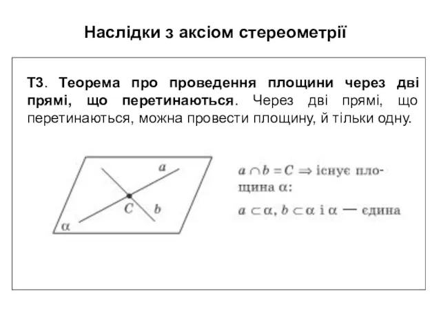Т3. Теорема про проведення площини через дві прямі, що перетинаються.