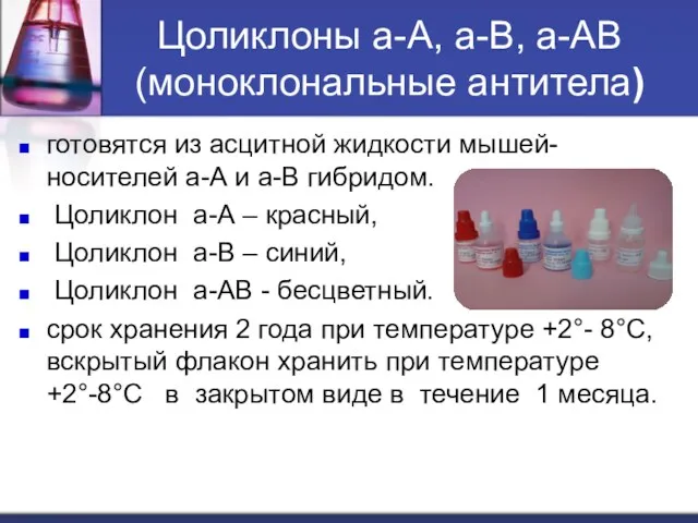 Цоликлоны а-А, а-В, а-АВ (моноклональные антитела) готовятся из асцитной жидкости