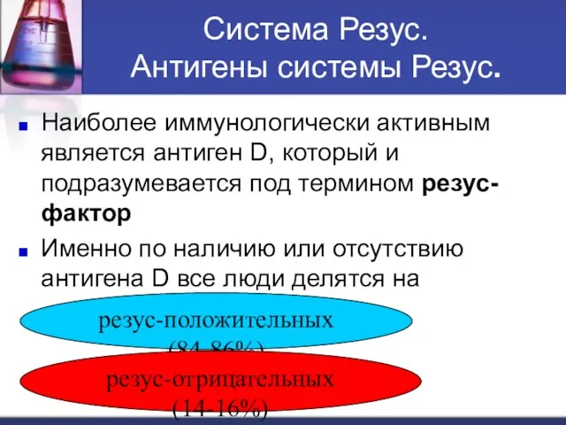 Система Резус. Антигены системы Резус. Наиболее иммунологически активным является антиген