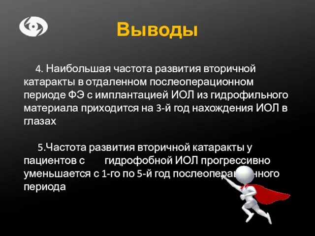 Выводы 4. Наибольшая частота развития вторичной катаракты в отдаленном послеоперационном периоде ФЭ с