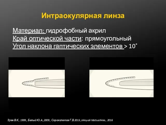 Интраокулярная линза Материал: гидрофобный акрил Край оптической части: прямоугольный Угол наклона гаптических элементов