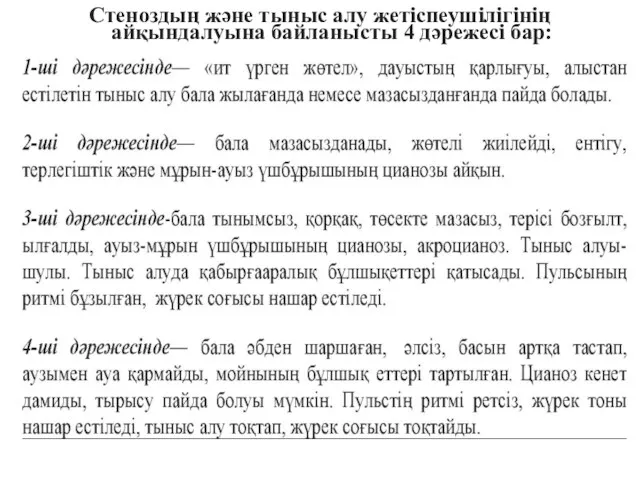 Стеноздың және тыныс алу жетіспеушілігінің айқындалуына байланысты 4 дәрежесі бар: