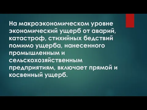 На макроэкономическом уровне экономический ущерб от аварий, катастроф, стихийных бедствий