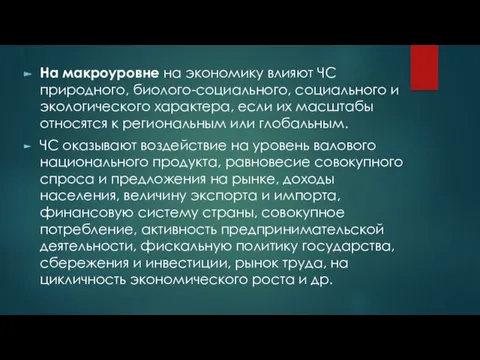 На макроуровне на экономику влияют ЧС природного, биолого-социального, социального и