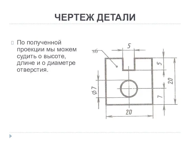 ЧЕРТЕЖ ДЕТАЛИ По полученной проекции мы можем судить о высоте, длине и о диаметре отверстия. s6