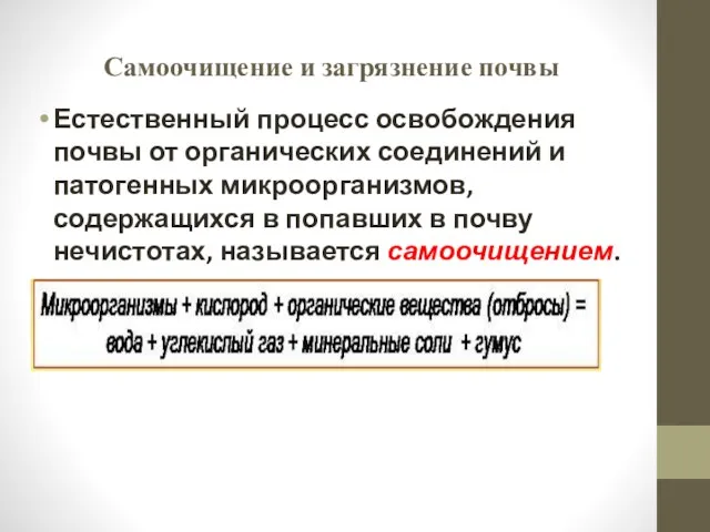 Самоочищение и загрязнение почвы Естественный процесс освобождения почвы от органических