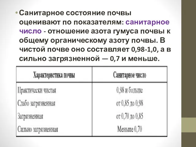 Санитарное состояние почвы оценивают по показателям: санитарное число - отношение