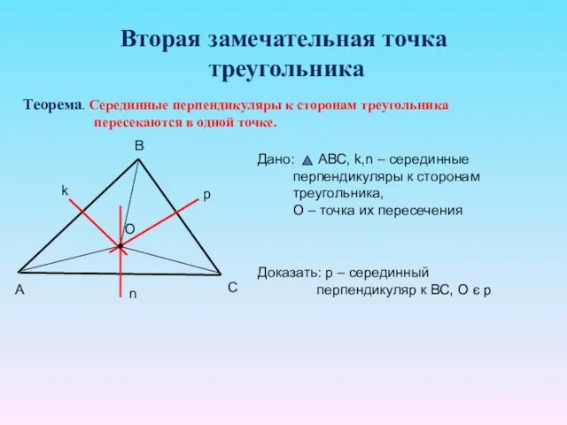 Вторая замечательная точка треугольника Теорема. Серединные перпендикуляры к сторонам треугольника