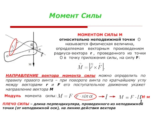 Момент Силы МОМЕНТОМ СИЛЫ М относительно неподвижной точки О называется