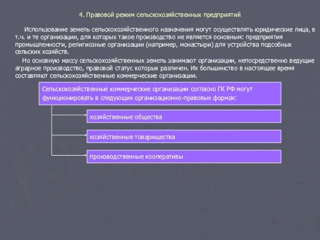 4. Правовой режим сельскохозяйственных предприятий Использование земель сельскохозяйственного назначения могут