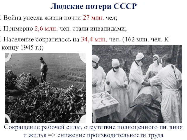 Людские потери СССР Война унесла жизни почти 27 млн. чел; Примерно 2,6 млн.