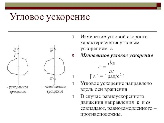 Угловое ускорение Изменение угловой скорости характеризуется угловым ускорением ε Мгновенное