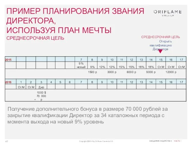 ПРИМЕР ПЛАНИРОВАНИЯ ЗВАНИЯ ДИРЕКТОРА, ИСПОЛЬЗУЯ ПЛАН МЕЧТЫ СРЕДНЕСРОЧНАЯ ЦЕЛЬ Получение дополнительного бонуса в