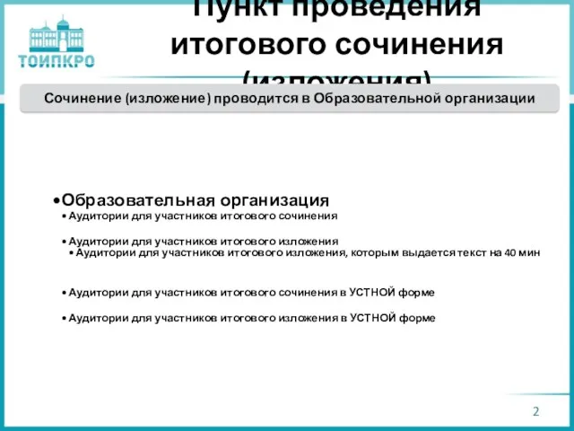 Пункт проведения итогового сочинения (изложения) Образовательная организация Аудитории для участников