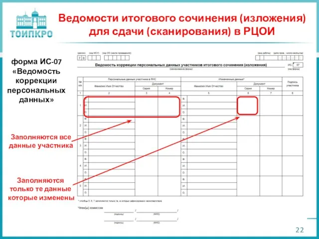 Ведомости итогового сочинения (изложения) для сдачи (сканирования) в РЦОИ форма