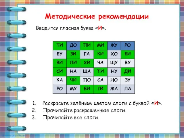 Методические рекомендации Вводится гласная буква «И». Раскрасьте зелёным цветом слоги