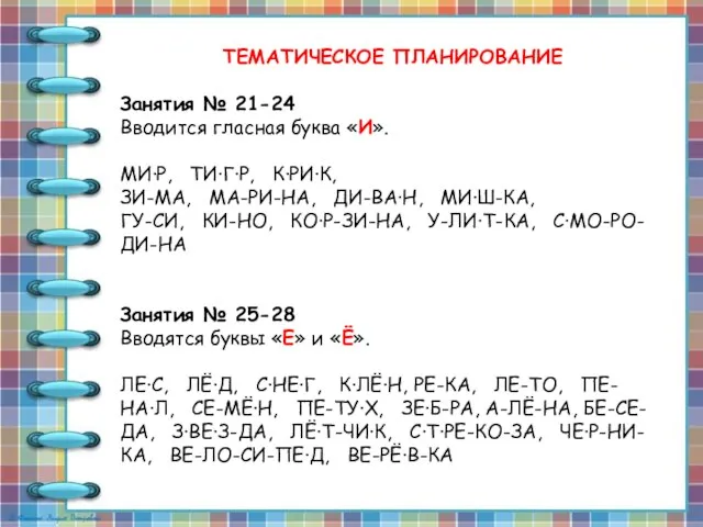 ТЕМАТИЧЕСКОЕ ПЛАНИРОВАНИЕ Занятия № 21-24 Вводится гласная буква «И». МИ·Р,