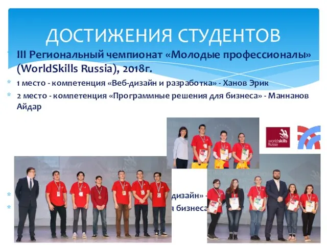 III Региональный чемпионат «Молодые профессионалы» (WorldSkills Russia), 2018г. 1 место