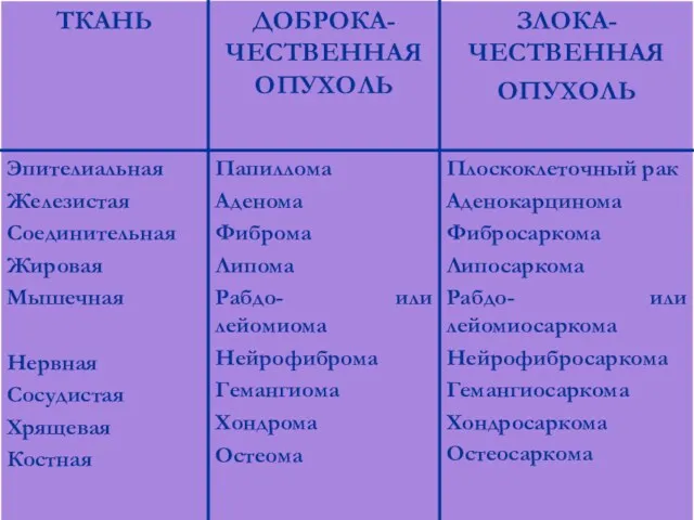 Плоскоклеточный рак Аденокарцинома Фибросаркома Липосаркома Рабдо- или лейомиосаркома Нейрофибросаркома Гемангиосаркома Хондросаркома Остеосаркома