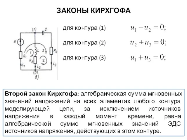 ЗАКОНЫ КИРХГОФА Второй закон Кирхгофа: алгебраическая сумма мгновенных значений напряжений