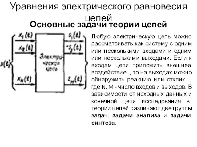 Уравнения электрического равновесия цепей Основные задачи теории цепей Любую электрическую