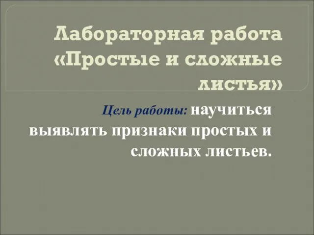 Лабораторная работа «Простые и сложные листья» Цель работы: научиться выявлять признаки простых и сложных листьев.