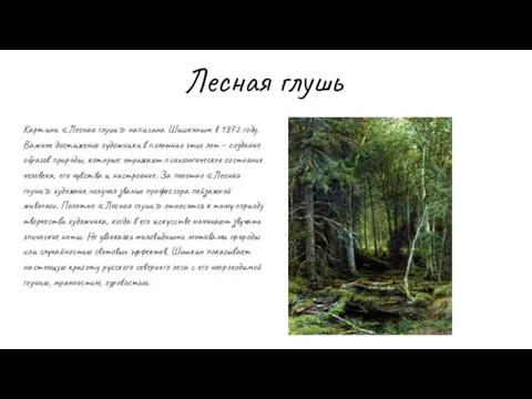 Лесная глушь Картина «Лесная глушь» написана Шишкиным в 1872 году.