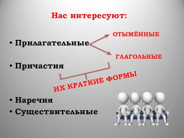 Нас интересуют: Прилагательные Причастия Наречия Существительные ОТЫМЁННЫЕ ГЛАГОЛЬНЫЕ ИХ КРАТКИЕ ФОРМЫ