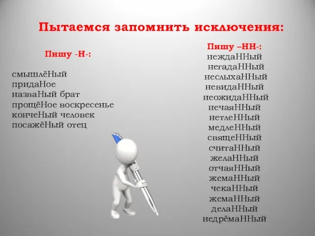 Пытаемся запомнить исключения: Пишу -Н-: смышлёНый придаНое назваНый брат прощёНое