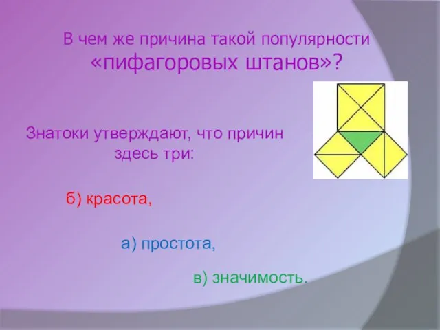 В чем же причина такой популярности «пифагоровых штанов»? а) простота,