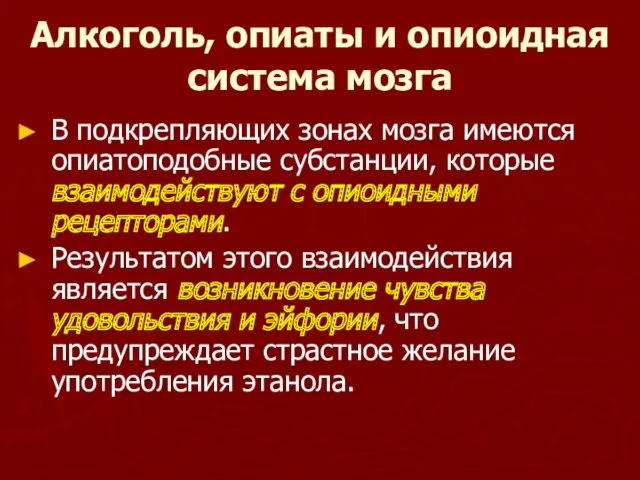 Алкоголь, опиаты и опиоидная система мозга В подкрепляющих зонах мозга