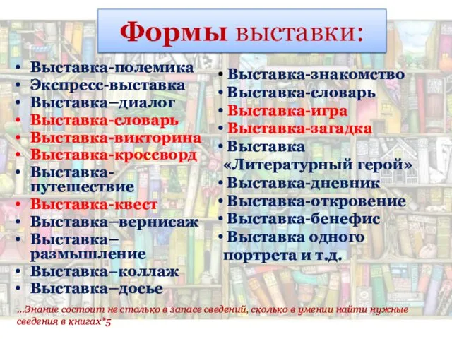 Формы выставки: Выставка-полемика Экспресс-выставка Выставка–диалог Выставка-словарь Выставка-викторина Выставка-кроссворд Выставка-путешествие Выставка-квест