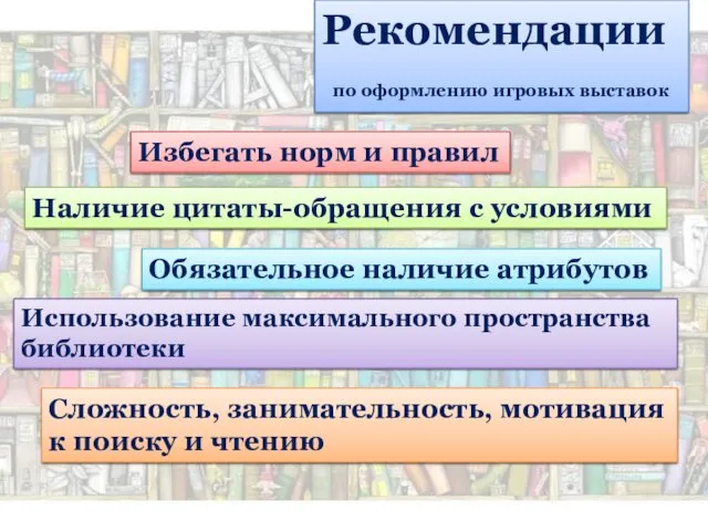 Рекомендации по оформлению игровых выставок Избегать норм и правил Наличие