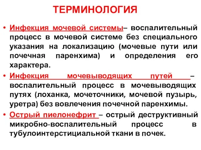 ТЕРМИНОЛОГИЯ Инфекция мочевой системы– воспалительный процесс в мочевой системе без