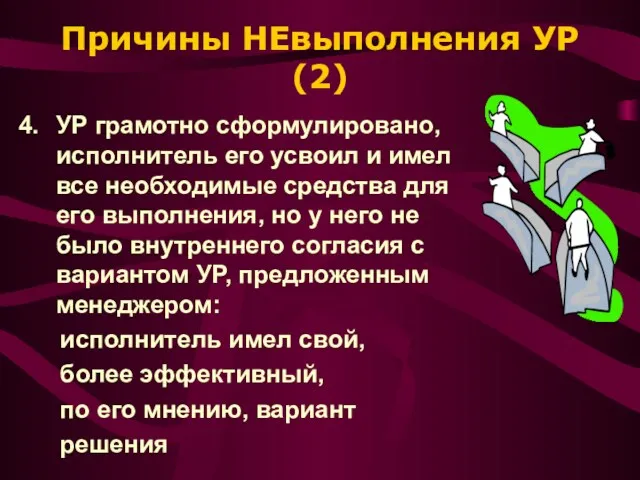 Причины НЕвыполнения УР (2) 4. УР грамотно сформулировано, исполнитель его