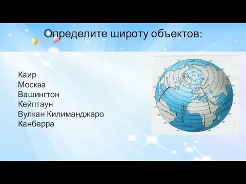 Определите широту объектов: Каир Москва Вашингтон Кейптаун Вулкан Килиманджаро Канберра