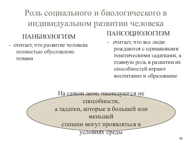 Роль социального и биологического в индивидуальном развитии человека ПАНБИОЛОГИЗМ -