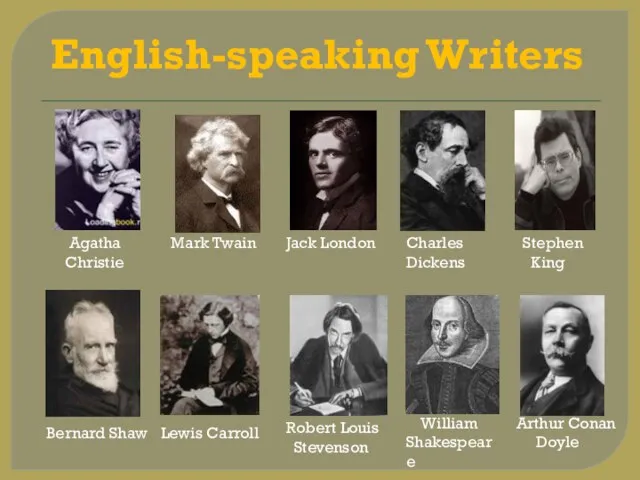 English-speaking Writers Agatha Christie Mark Twain Jack London Charles Dickens