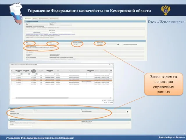 Управление Федерального казначейства по Кемеровской области kemerovskaya.roskazna.ru Заполняется на основании справочных данных Блок «Исполнитель»