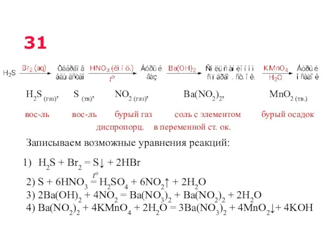 Записываем возможные уравнения реакций: H2S + Br2 = S↓ +