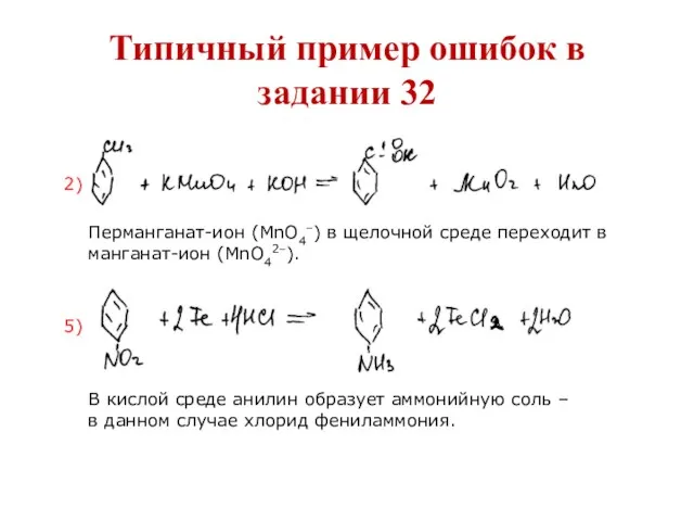 Типичный пример ошибок в задании 32 2) Перманганат-ион (MnO4–) в