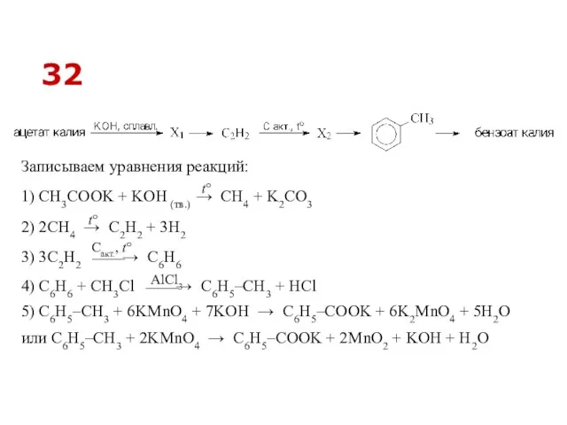 4) C6H6 + СH3Cl ⎯⎯→ C6H5–CH3 + HCl 2) 2CH4