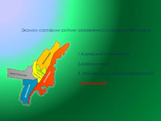 Экологи составили рейтинг загрязнённости районов Ярославля: 1.Кировский и Ленинский 2.Дзержинский 3 .Фрунзенский, Красноперекопский 4.Заволжский