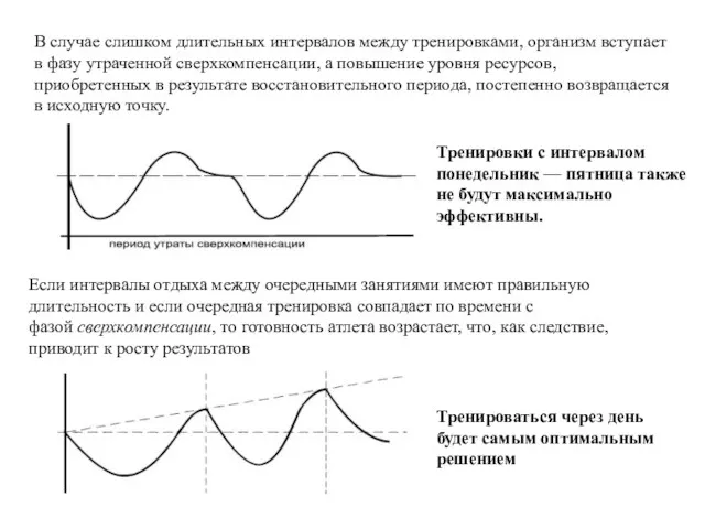 В случае слишком длительных интервалов между тренировками, организм вступает в фазу утраченной сверхкомпенсации,